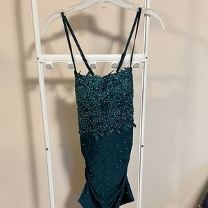 Kiss Prom emerald green mini dress with lace and rhinestones